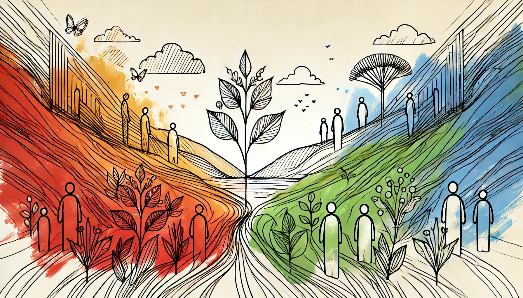 DALLยทE 2024-08-21 23.58.33 - An abstract, minimalist landscape line art image with a sketch-like, hand-drawn feel, representing growth and potential. The scene is divided into two